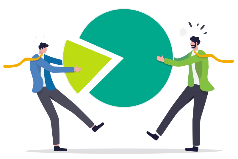 two men fighting over a pie graph